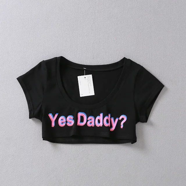 "Yes Daddy" Letter Print Fitness Crop Top - Black - One Size - image 4