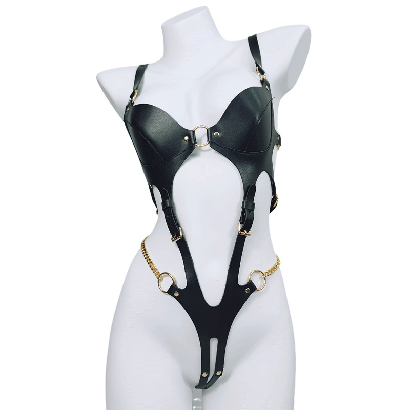 SM Leather Open-Crotch Bondage Dress Lingerie Harness
