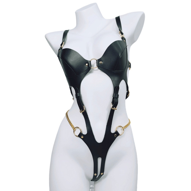 SM Leather Open-Crotch Bondage Dress Lingerie Harness