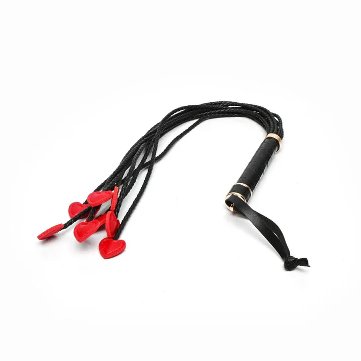 8-Tail Vegan Leather Whip with Red Heart Tips - Black - image 1