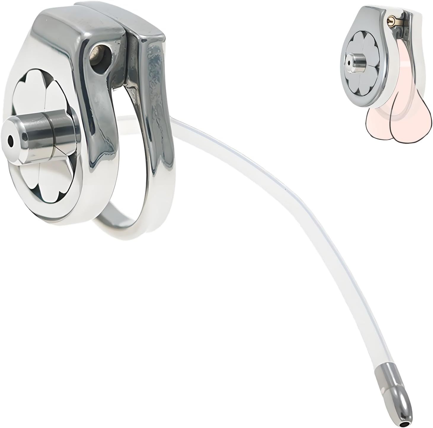 Flat Stainless Steel Chastity Cage with Long Hollow Urethral Tube - image 1