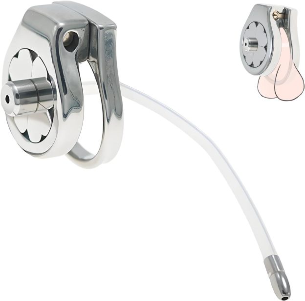 Flat Stainless Steel Chastity Cage with Long Hollow Urethral Tube - image 1