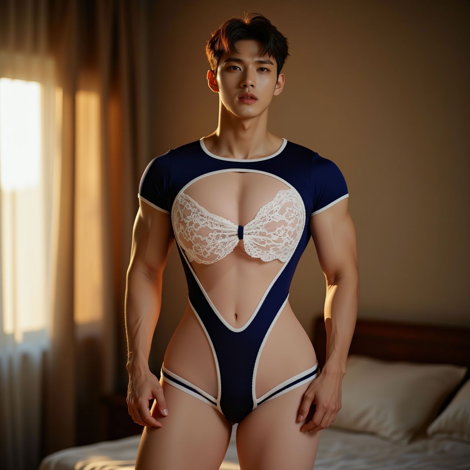 Midnight Tease Lace-Trimmed Men's Bodysuit - Dark Blue - One Size - image 2