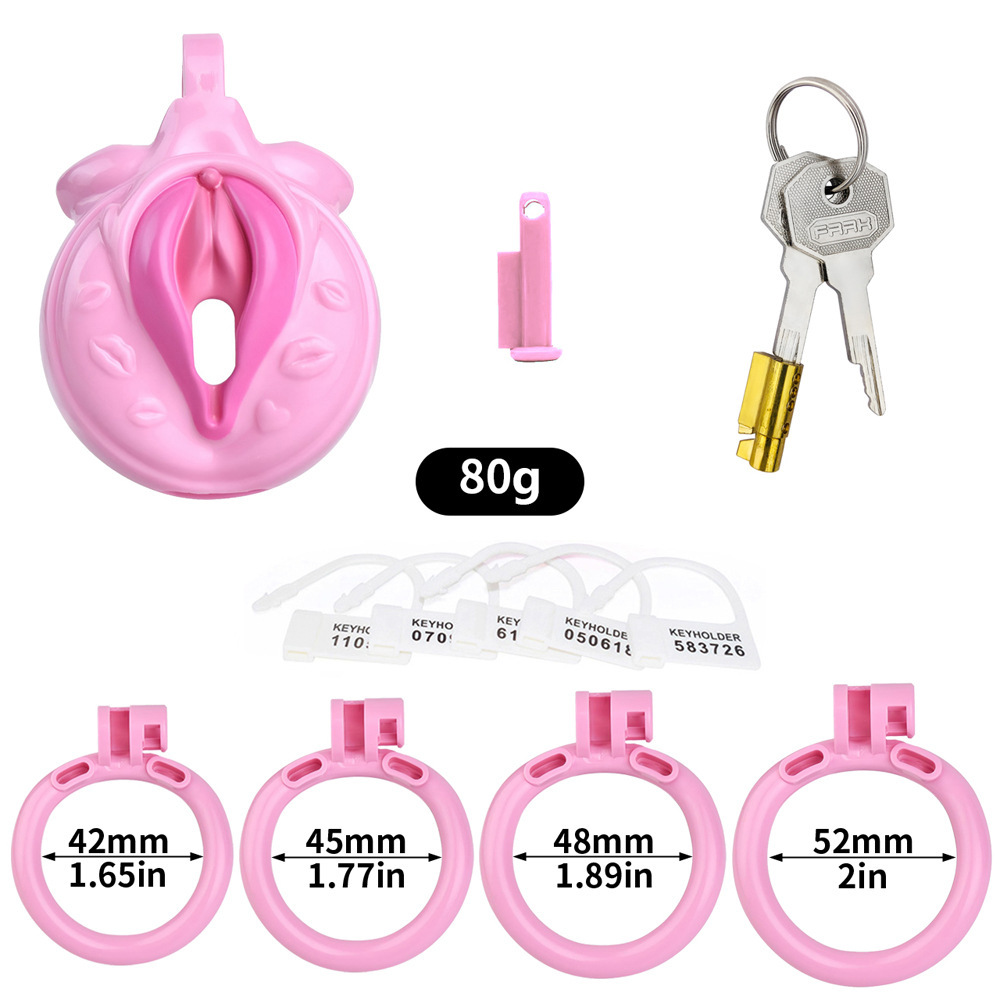 Mini Vagina-Shaped Sissy Chastity Cage – Humiliating Lock with 4 Rings & Padlock-WeLovePlugs