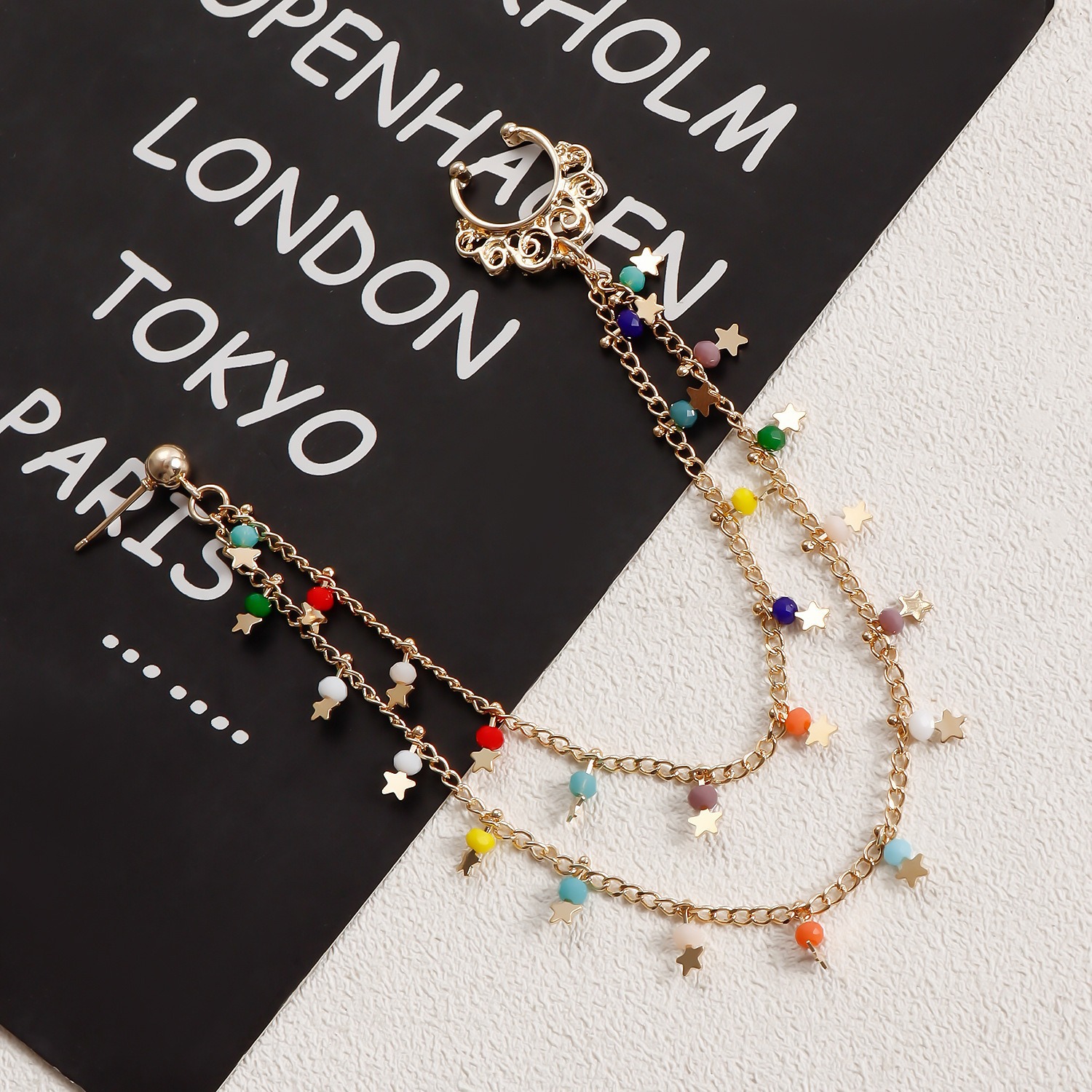 Boho Nose Chain Jewelry – Fake Septum Ring with Ear Hoop & Crystal Nose Ring-WeLovePlugs