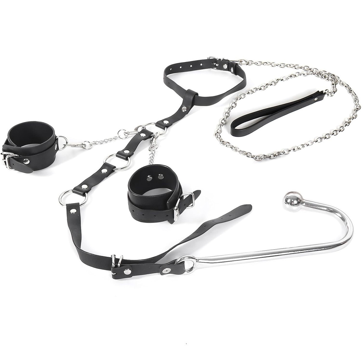 Leather Bondage Set With Anal Hook - Black - image 4