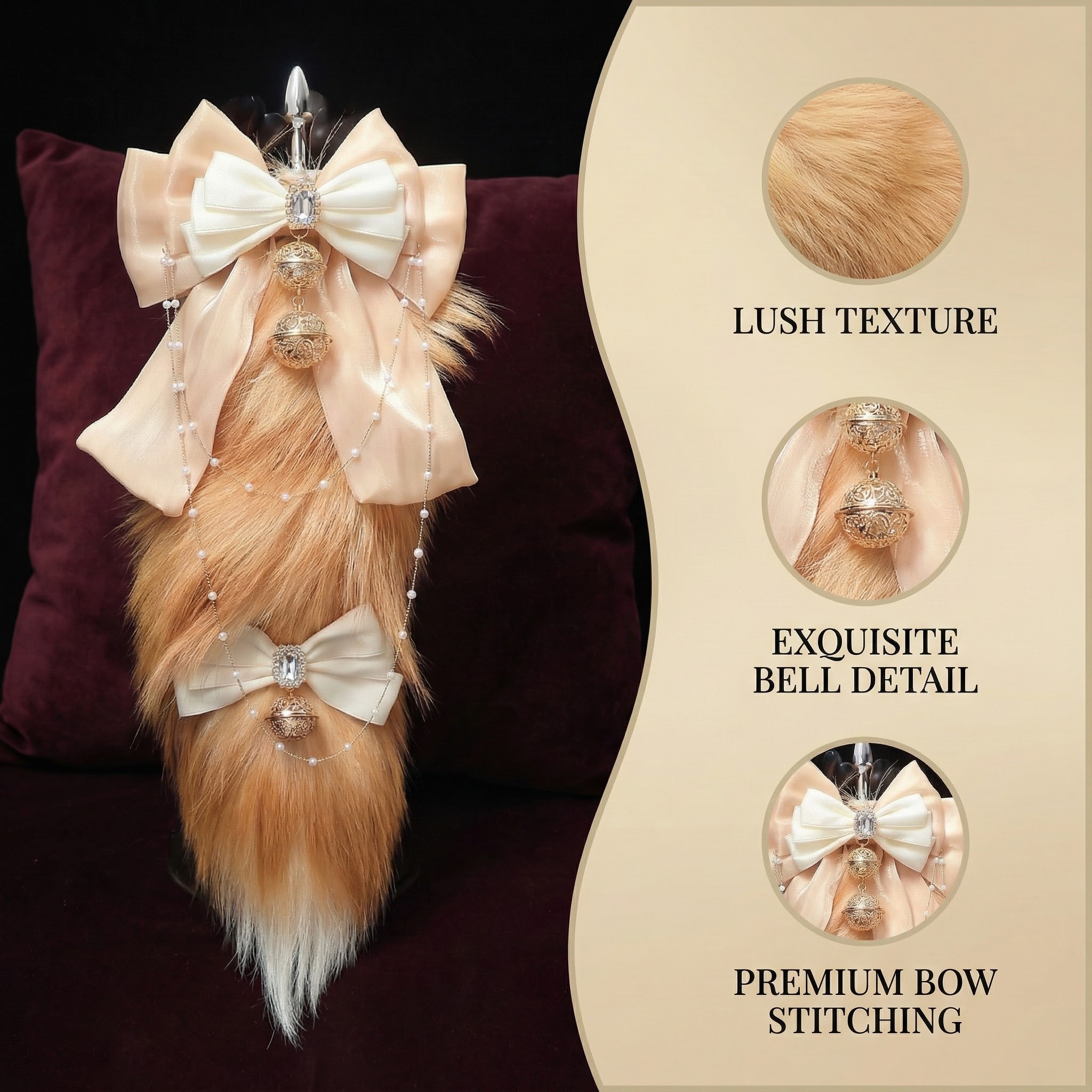 Luxury Fox Tail Plug Set – 15.7" Soft Gold Tail with Detachable Bow Details - image 12
