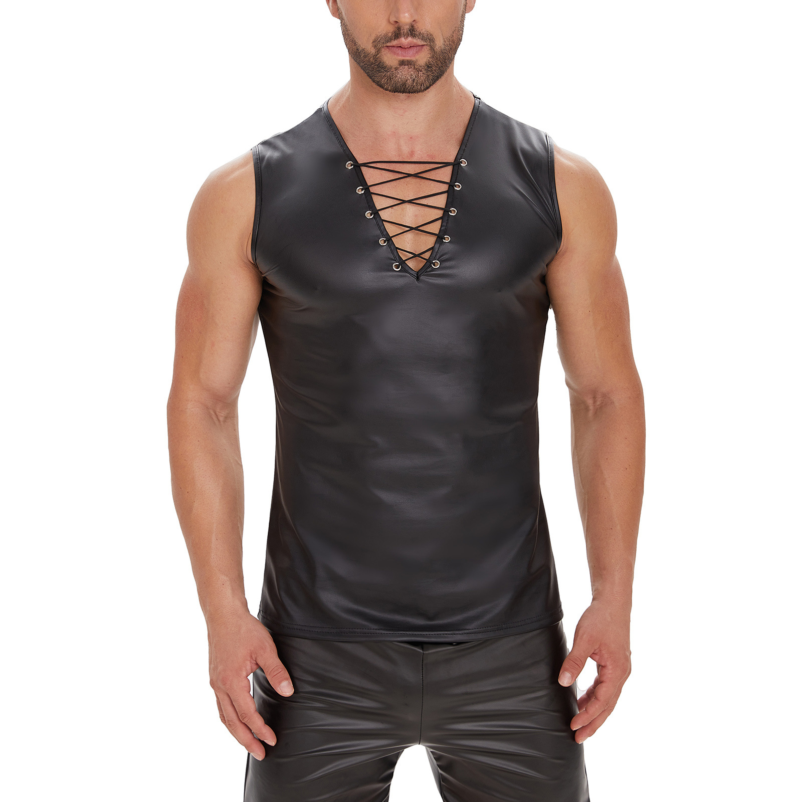 Men Sexy Leather Tank Top - image 2