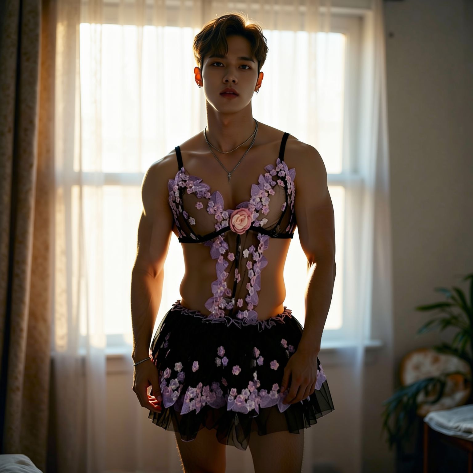 Blossom Seduction Floral Lace Men's Skirted Bodysuit - Purple - One Size - image 3