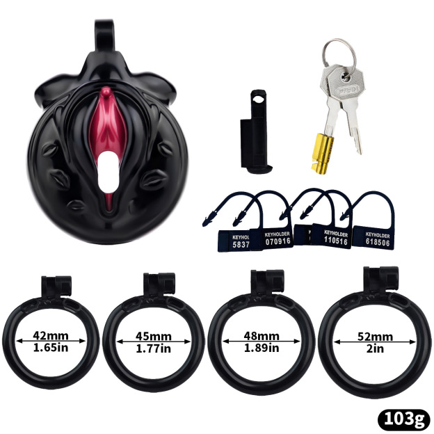 Mini Vagina-Shaped Sissy Chastity Cage – Humiliating Lock with 4 Rings & Padlock-WeLovePlugs