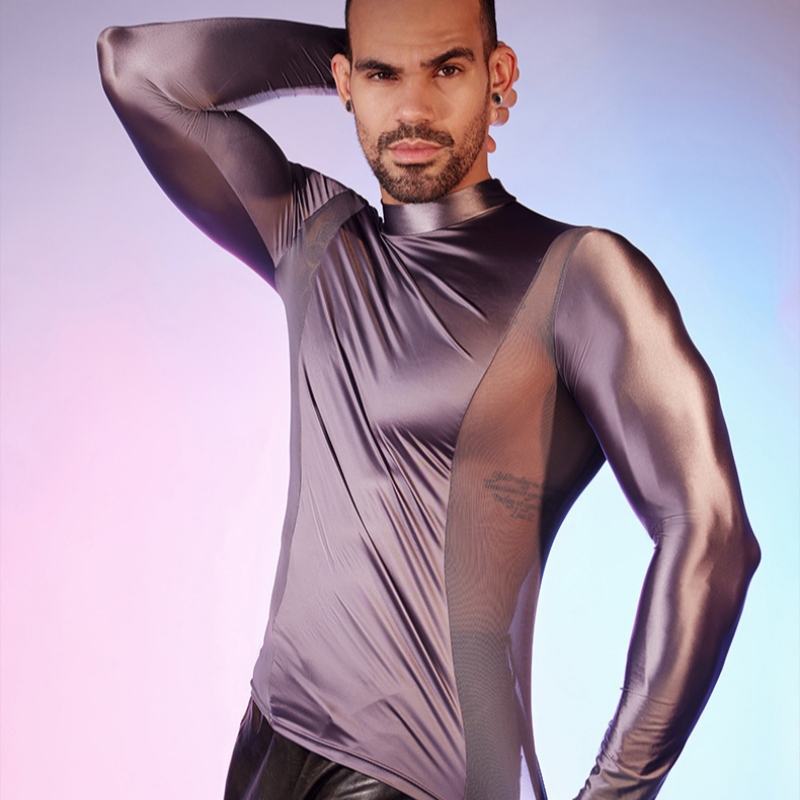 Men's Oiled Shiny High Elastic Long Sleeve Top - image 5