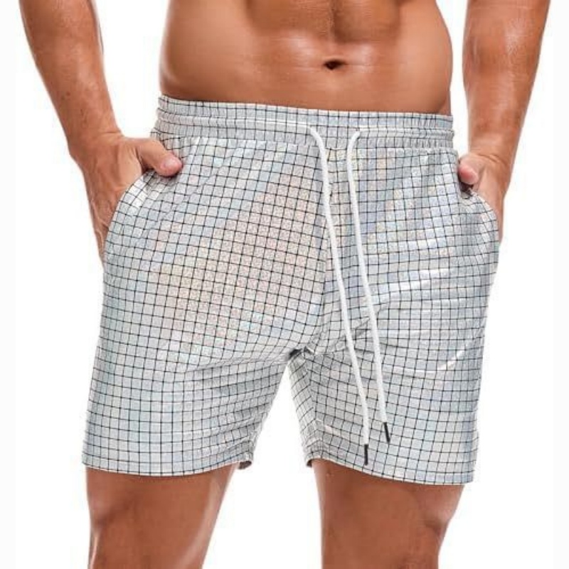 Men's Metallic 5" Holographic Rave Shorts with Drawstring - Light Silver Plaid - 2XL - image 13