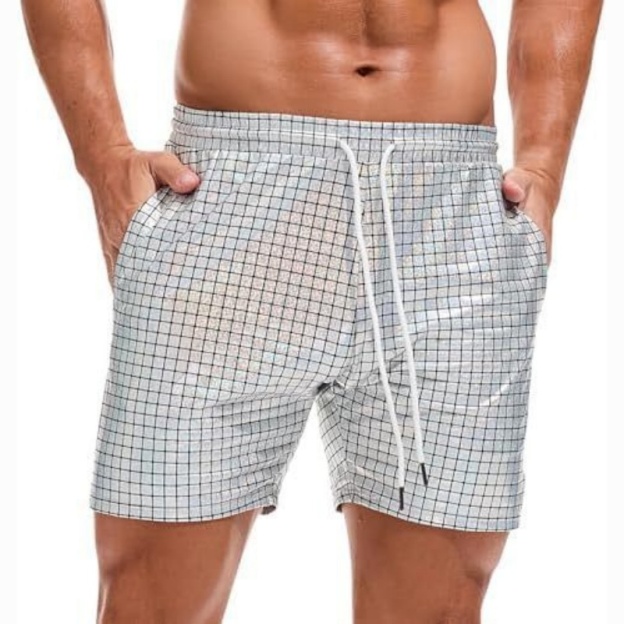 Men's Metallic 5" Holographic Rave Shorts with Drawstring - Light Silver Plaid - 2XL - image 13