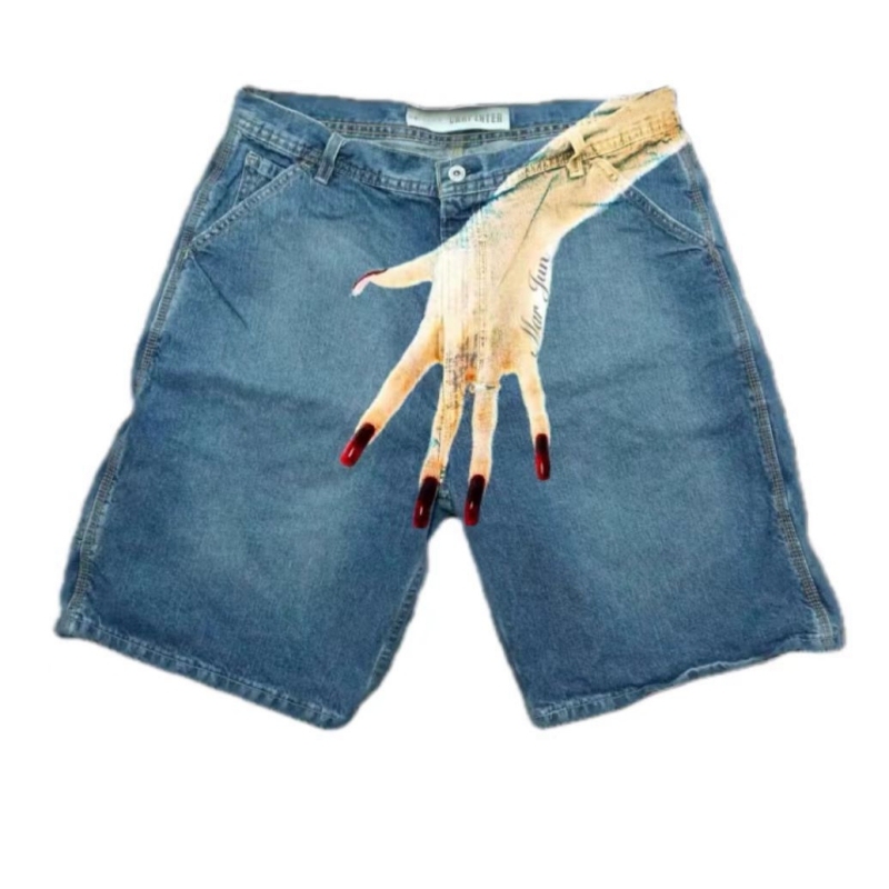 Men's Hip Hop Funny One Hand Printed Skateboarding Denim Shorts - D - XXL - image 10