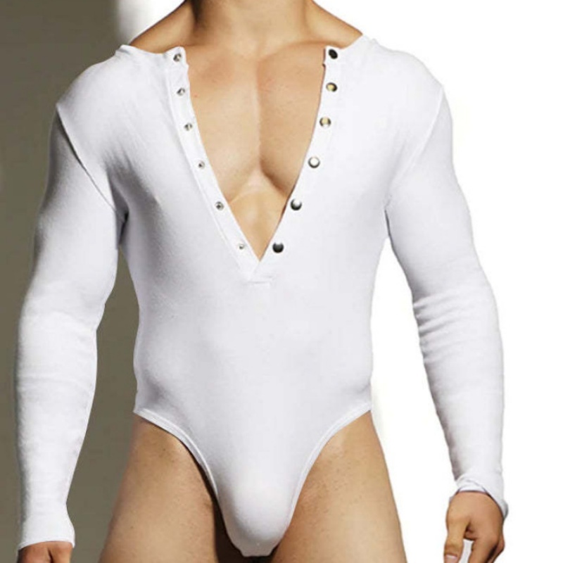 Deep V-Neck Long Sleeved Bodysuit - White - XXXL - image 3