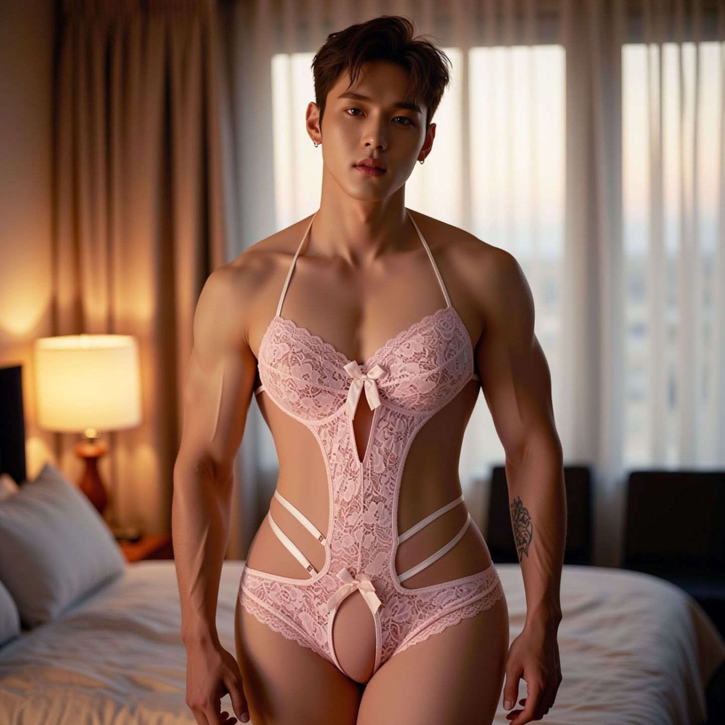 Men's Pink Lace Open-Crotch Bodysuit - Pink - L - image 2