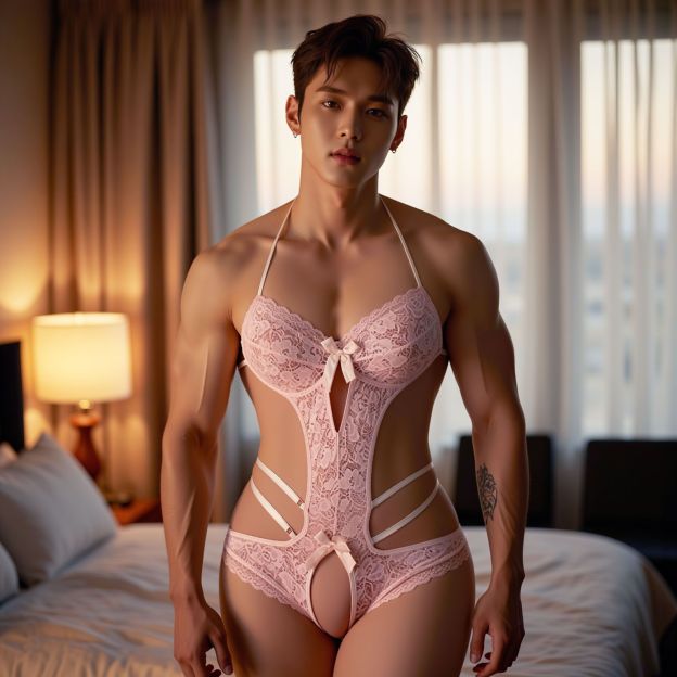 Men's Pink Lace Open-Crotch Bodysuit - Pink - L - image 2