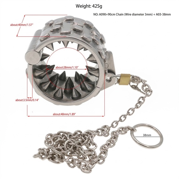 Stainless Steel Ring Testicle Ring with Spikes and Chain - L - image 6