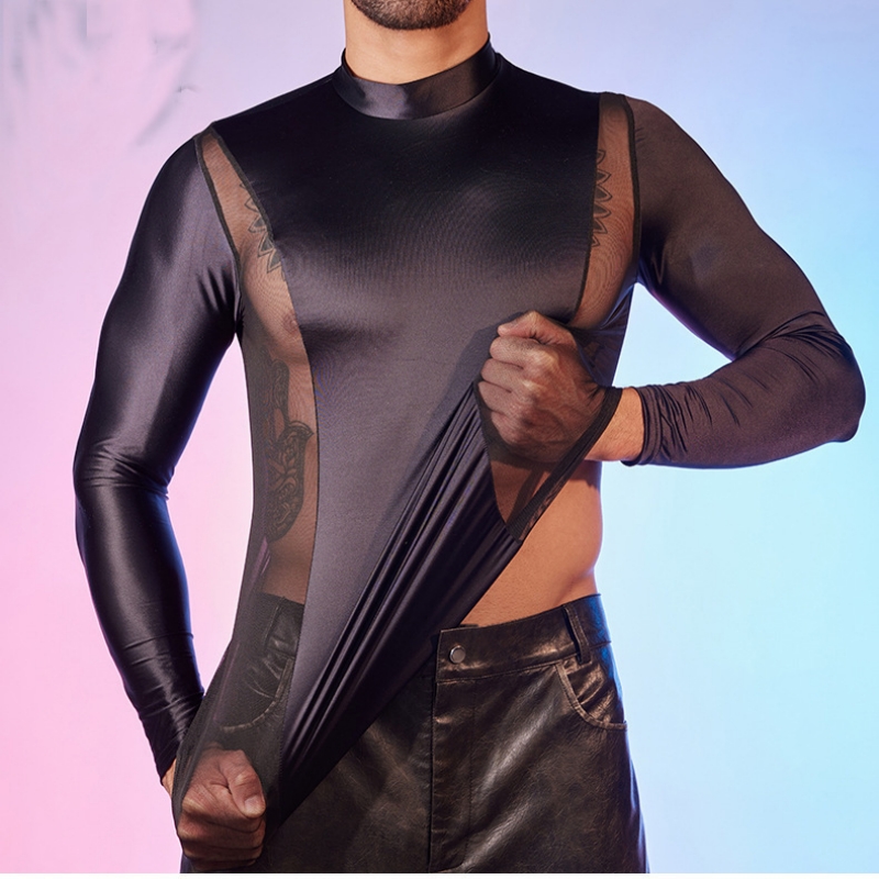Men's Oiled Shiny High Elastic Long Sleeve Top - Black - XXXL - image 7