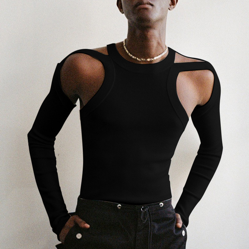 Men's Cut-Out Sexy Stretch Skinny T-Shirt - Black & Long Sleeve - XXXL - image 7