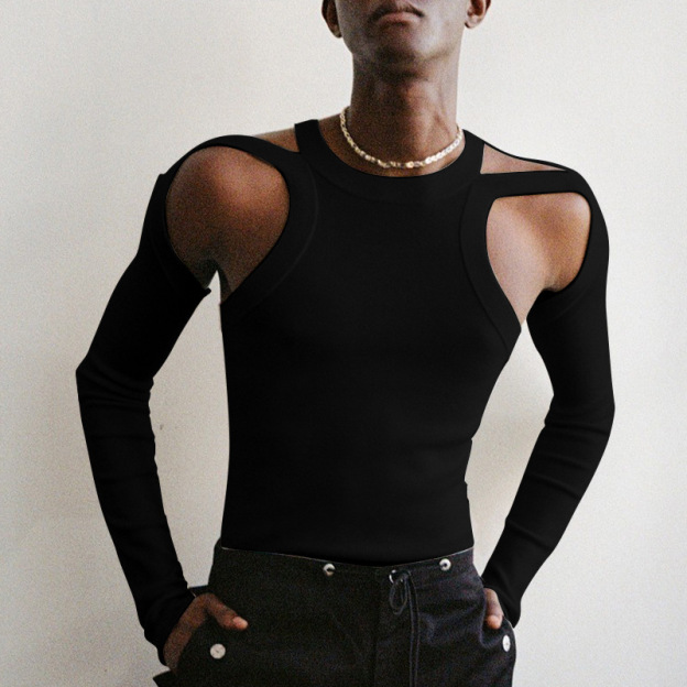 Men's Cut-Out Sexy Stretch Skinny T-Shirt - Black & Long Sleeve - XXXL - image 7