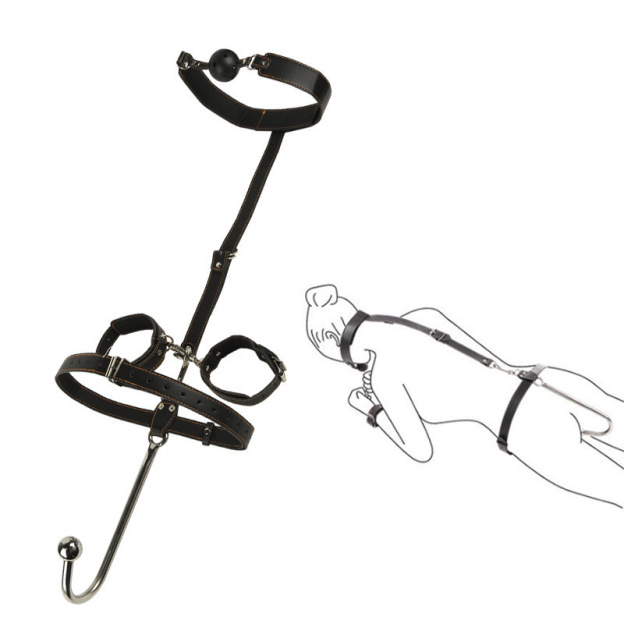 Sex Backhand Back Gag With Anal Hooks SM Leather - image 7