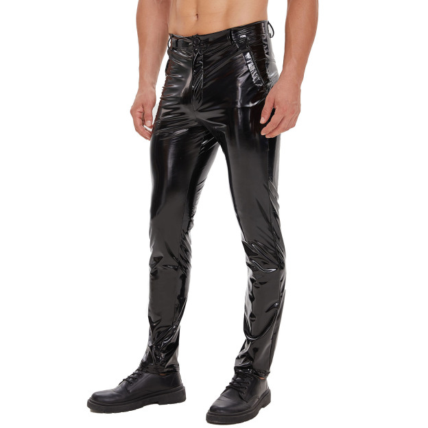 Men's Latex Wet-Look Leggings with Pockets – Faux Leather Club & Biker Trousers - 3XL - Black - image 4