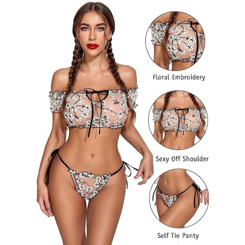 Flirty Off-Shoulder Ruffle Lingerie Set - Sheer Mesh Bra & Tie-Side Panty-WeLovePlugs