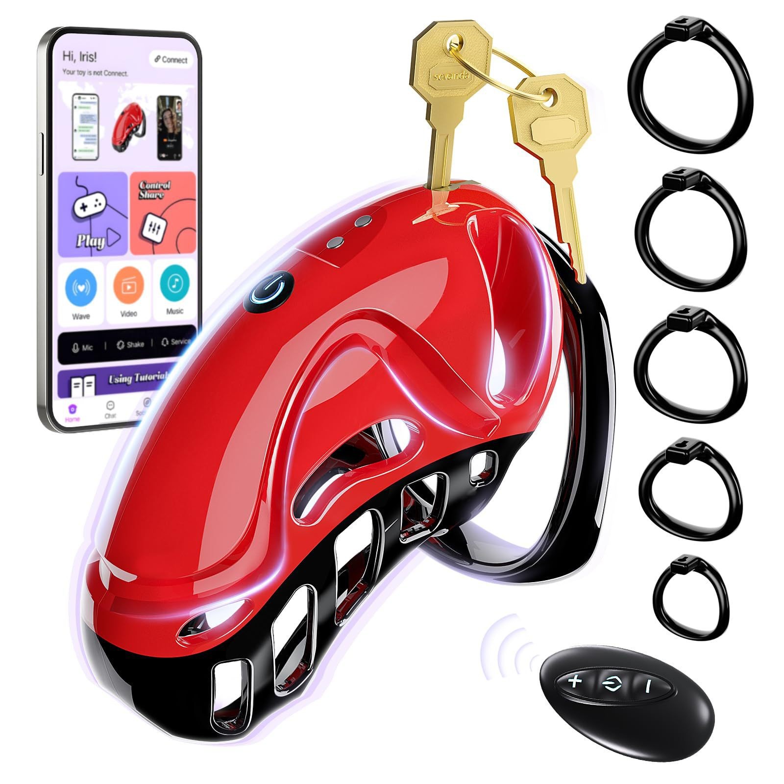 Chastity Sex Toys With 5 Sizes Rings 2 Keys & 1 Lock - Red & Black - image 5