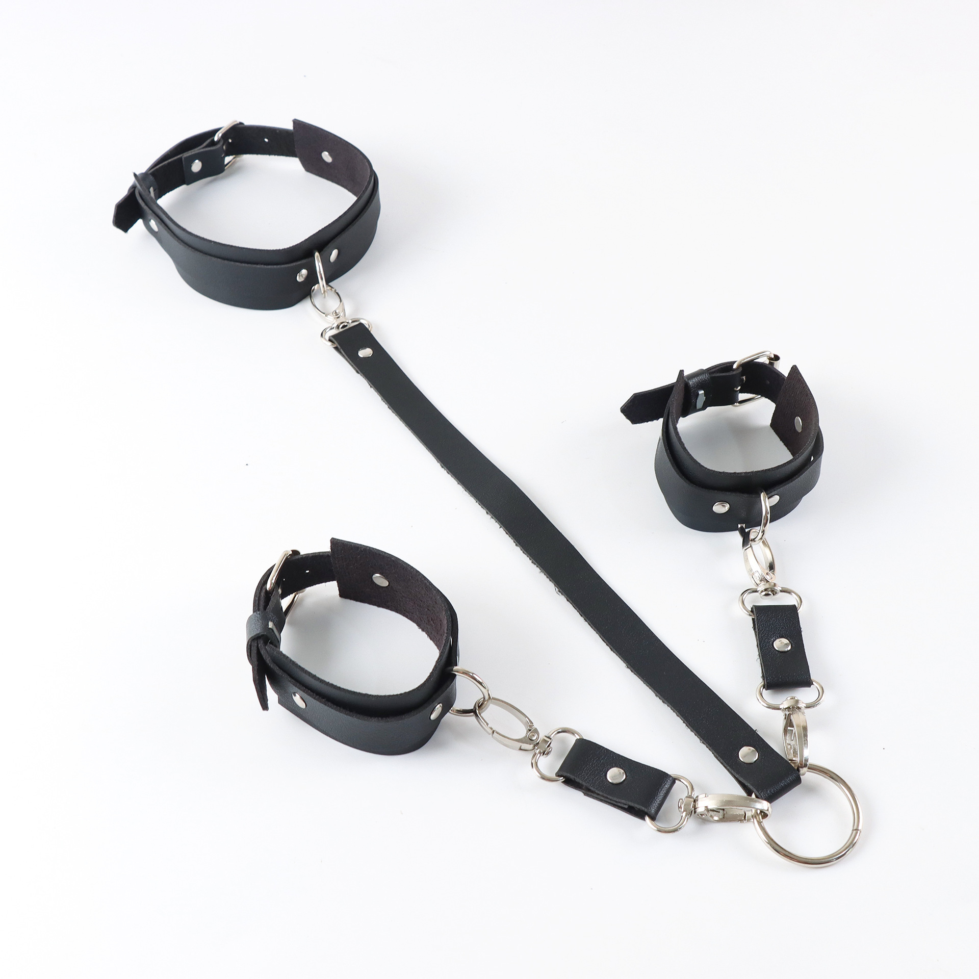 BDSM Leather Handcuffs with Collar Lingerie Harness