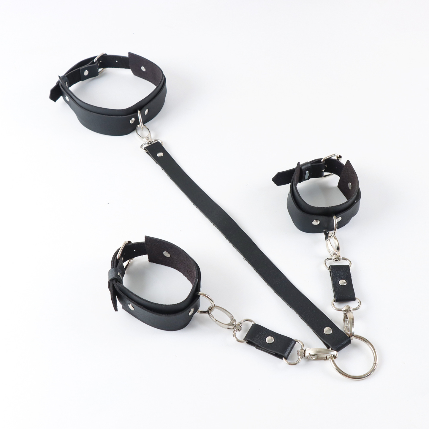 BDSM Leather Handcuffs with Collar Lingerie Harness