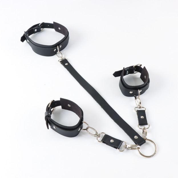 BDSM Leather Handcuffs with Collar Lingerie Harness