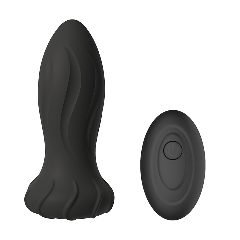 Remote Control Spiral Texture Vibrating Anal Massager - Black - image 1