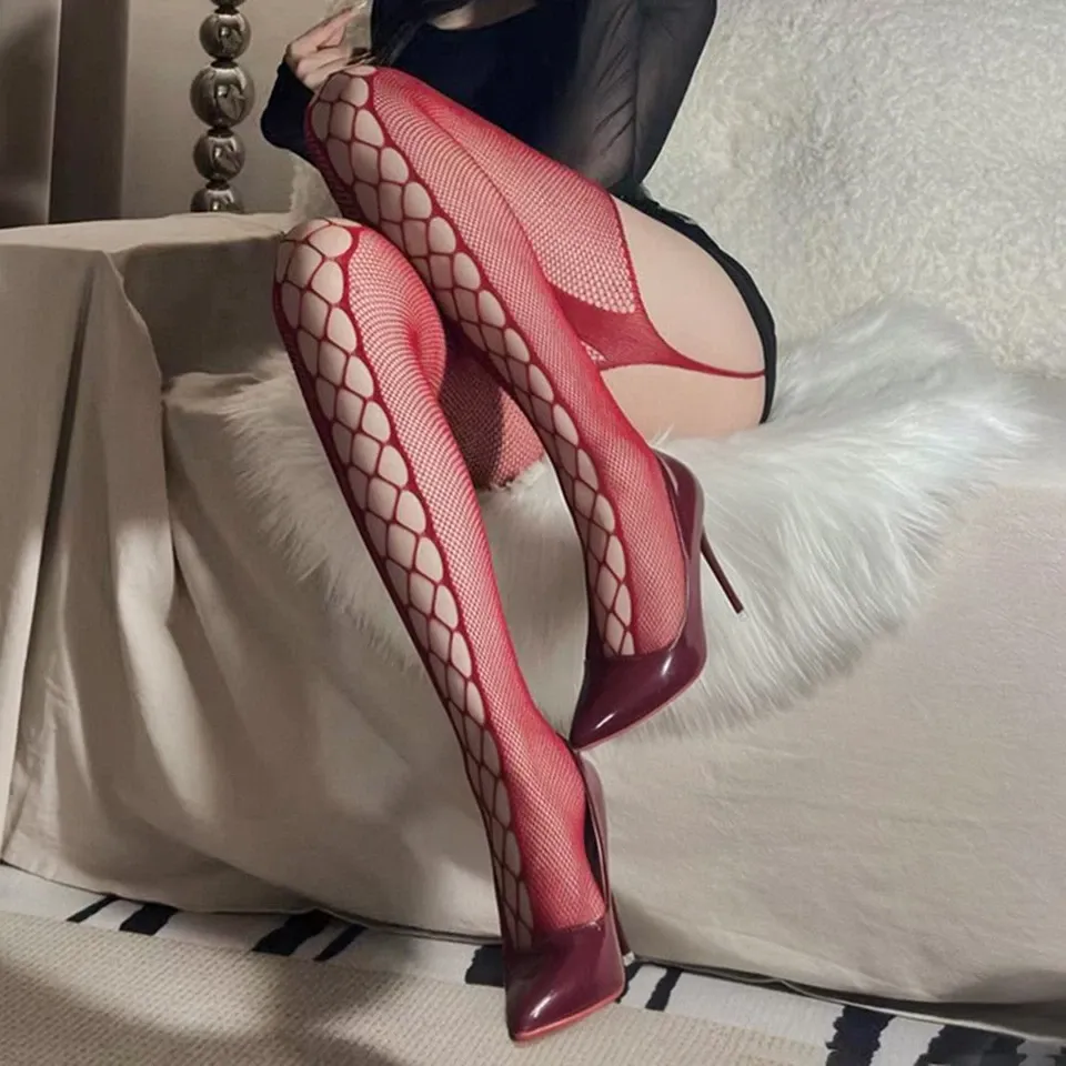Red Lace Stockings Seductive Suspender Stocking Fishnet Thigh-Highs -WeLovePlugs