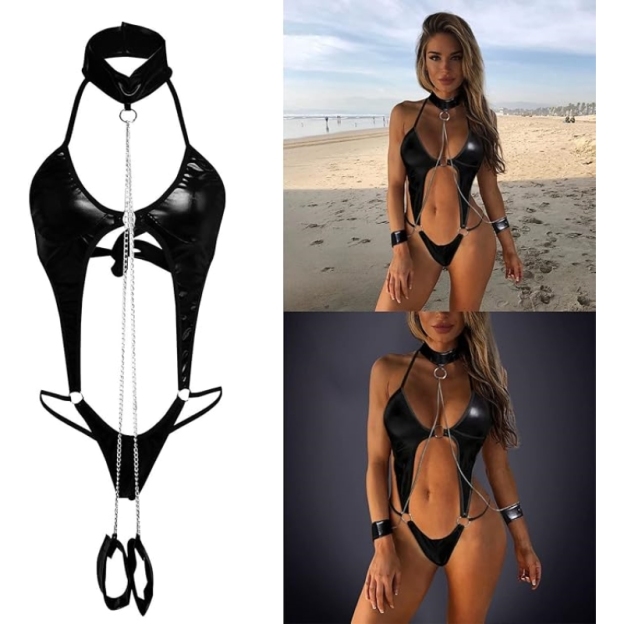 Seductive Patent Leather Chain Harness Lingerie