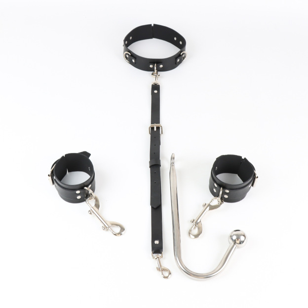 BDSM Handcuffs With Collar And Butt Plug Hook -WeLovePlugs
