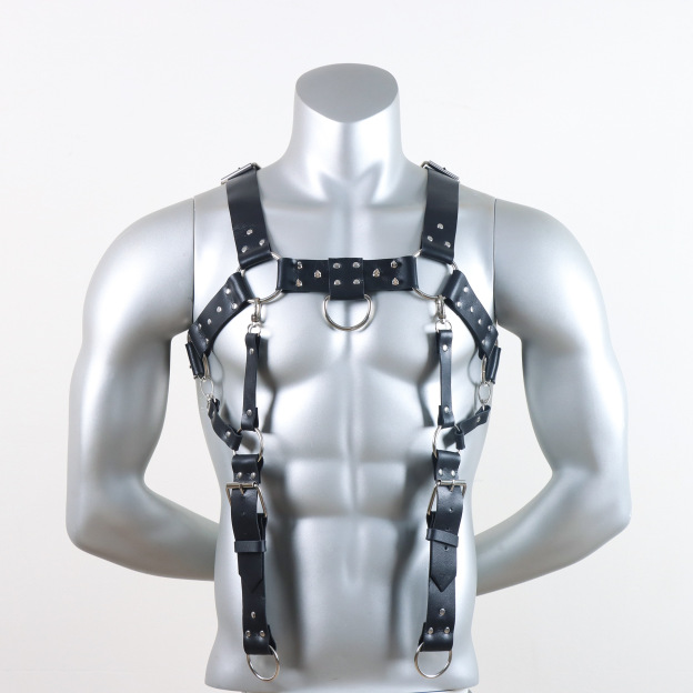 Men's Leather Body Harness Set with Suspenders & Leash BDSM Chest Harness for Roleplay-WeLovePlugs