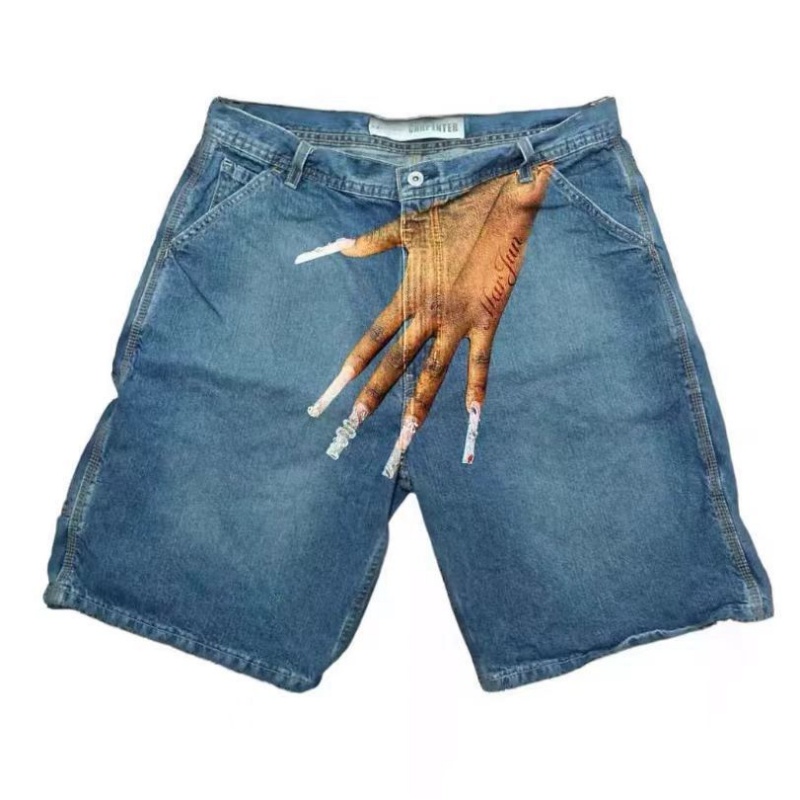 Men's Hip Hop Funny One Hand Printed Skateboarding Denim Shorts - A - XXL - image 2