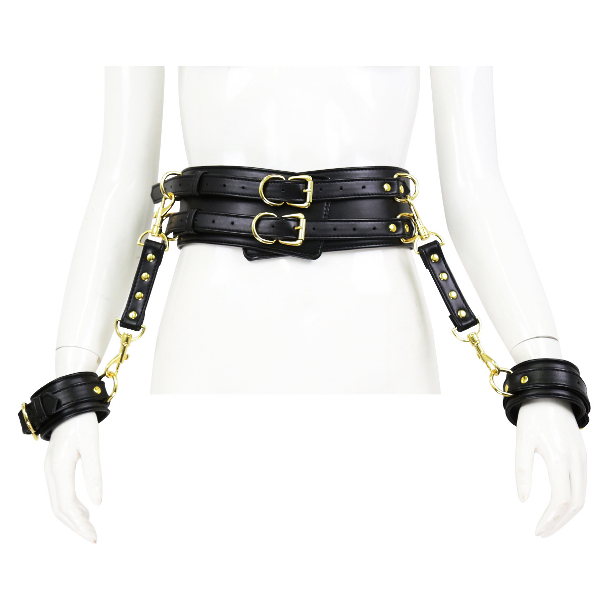 BDSM Leather Handcuffs with Waist Harness for Doggy Style -WeLovePlugs