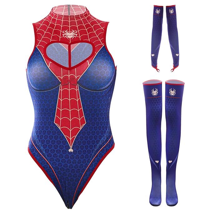 Women's Spider-Inspired Halloween Costume – Cutout Bodysuit with Gloves & Thigh-Highs