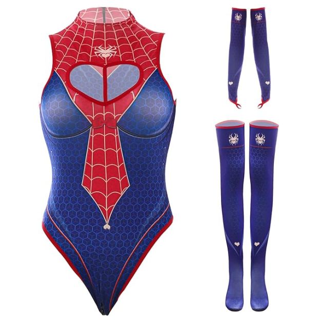 Women's Spider-Inspired Halloween Costume – Cutout Bodysuit with Gloves & Thigh-Highs