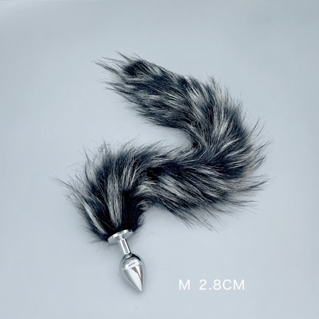 Silver & Black Fox Tail Plug with Removable Metal Base - M - image 1