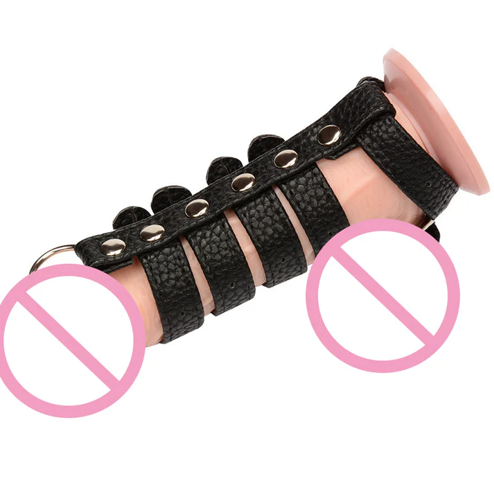 Six-Ring Pu Leather Cock Cage Penis Ring-WeLovePlugs