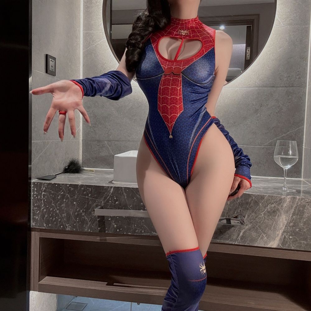 Women's Spider-Inspired Halloween Costume – Cutout Bodysuit with Gloves & Thigh-Highs