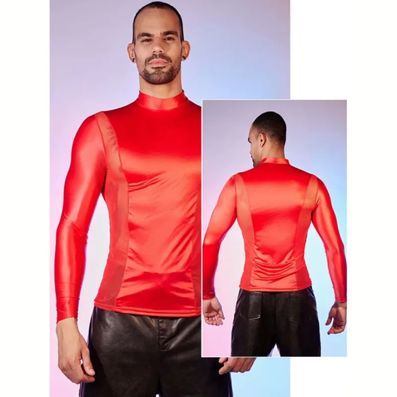Men's Oiled Shiny High Elastic Long Sleeve Top - image 4