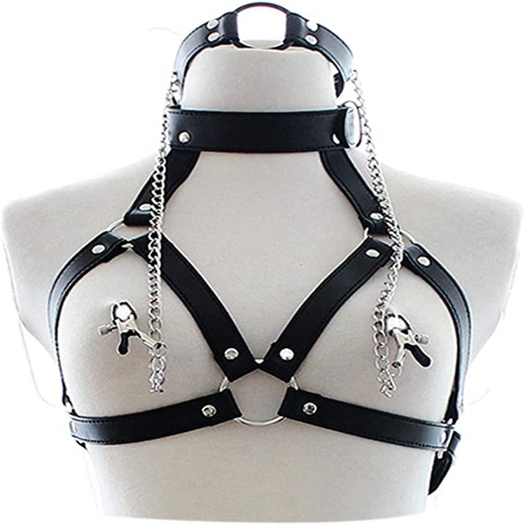 SM Leather Bondage Bra with Breast Clips -WeLovePlugs