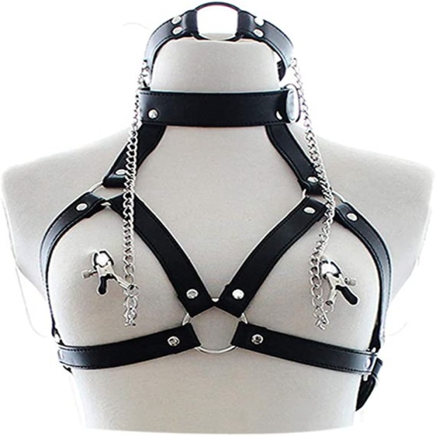 SM Leather Bondage Bra with Breast Clips -WeLovePlugs