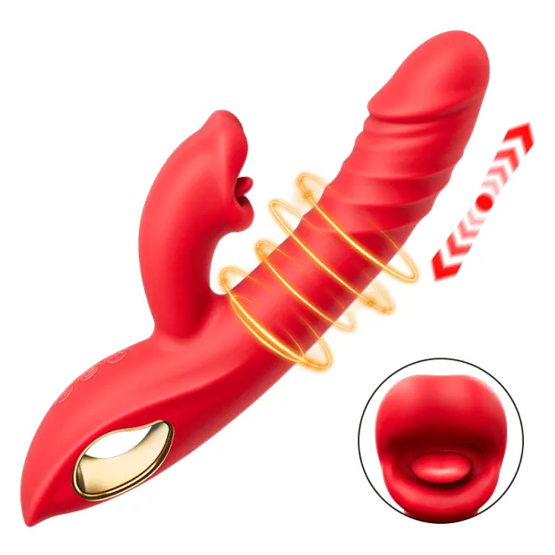 LickWave - 4 In 1 Thrusting & Licking Biting G-spot Vibrator - Red - image 4