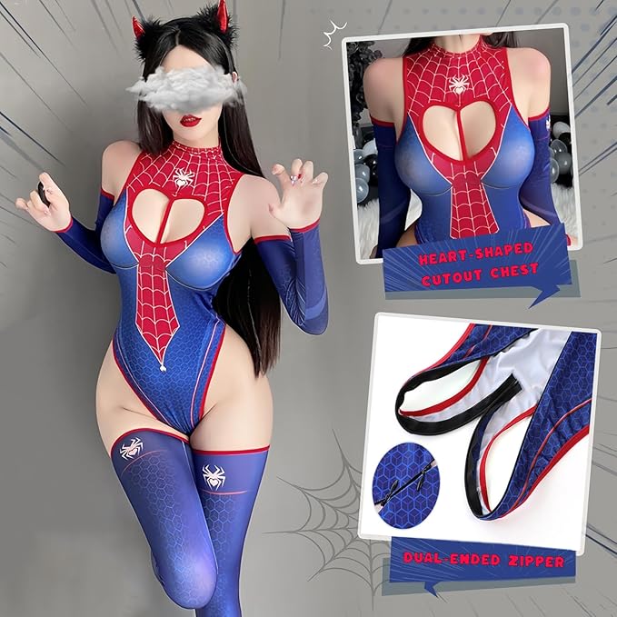 Women's Spider-Inspired Halloween Costume – Cutout Bodysuit with Gloves & Thigh-Highs