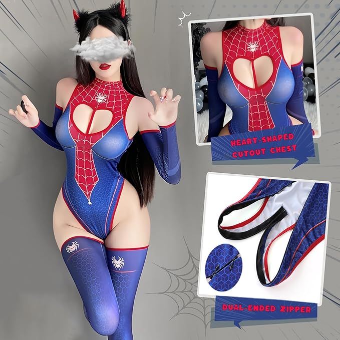 Women's Spider-Inspired Halloween Costume – Cutout Bodysuit with Gloves & Thigh-Highs
